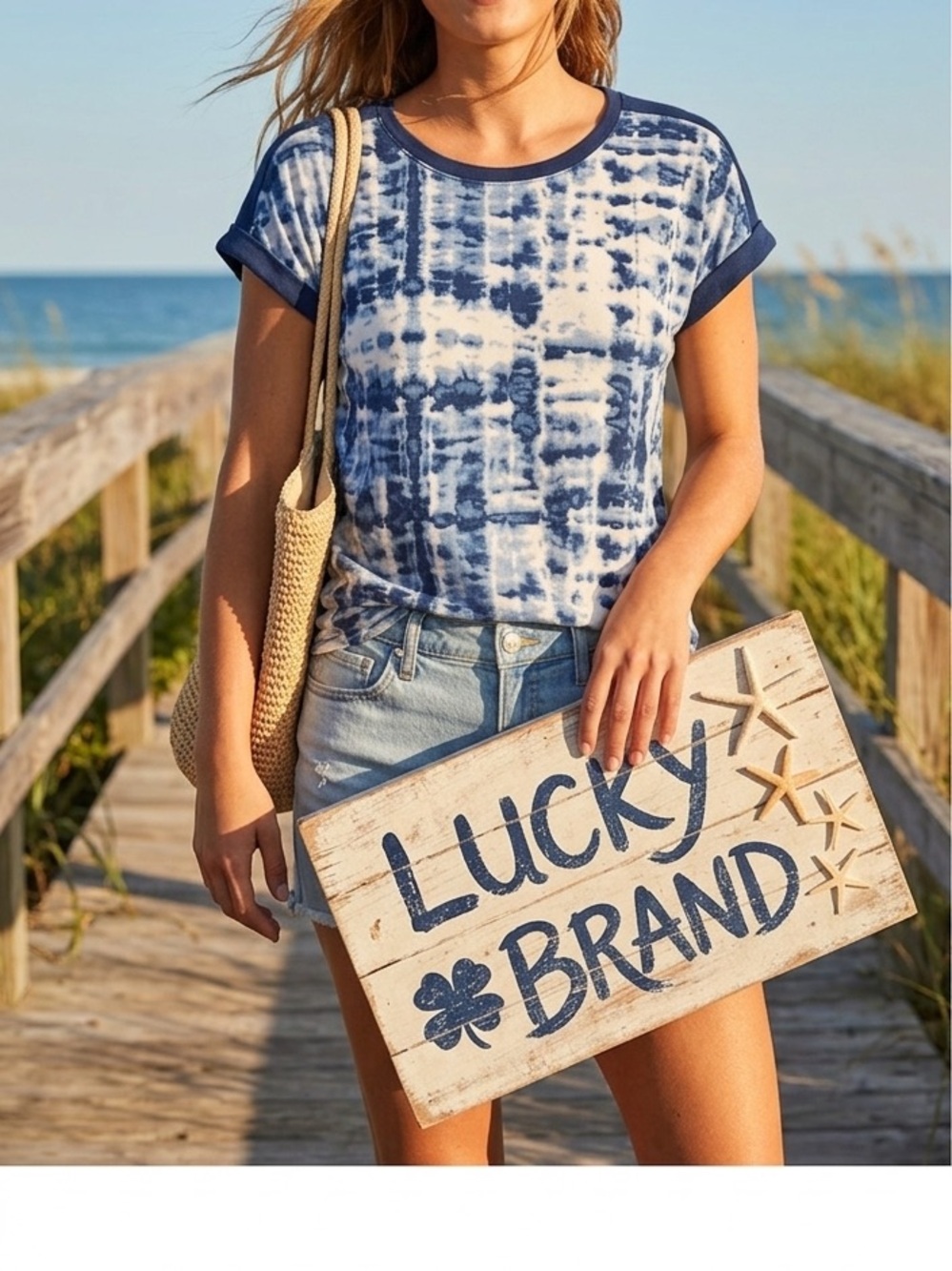 Lucky Brand Blue Tie Dye Cuffed Sleeve Top Medium